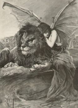  Lion & Woman with Devil Bat Wings Chained