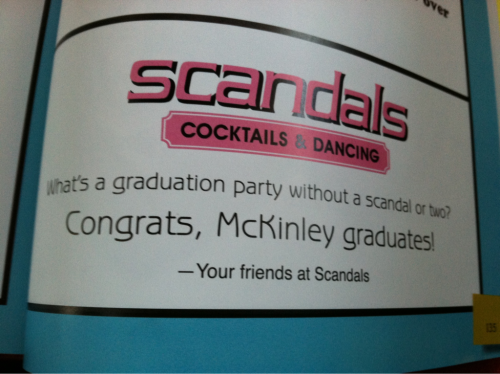 colfricans: there’s an ad for scandals in the glee yearbook thing omfg