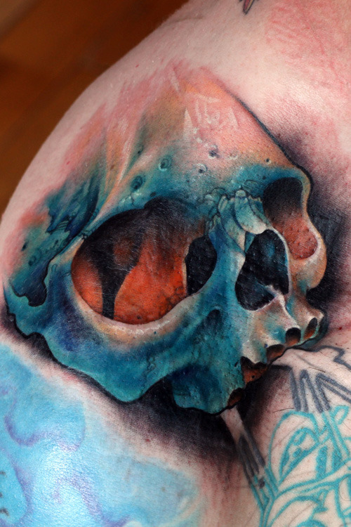 fuckyeahqualitytattoos:  Blue Skull - Chris Lennox @ Black Garden Tattoo in London 