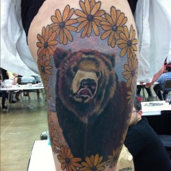 fuckyeahtattoos:  This is my beautiful bear. I got it done at the baltimore tattoo convention yesterday. It was my first tatto and it took one 8 and a hlf hour sitting. My super awesome talented artist was White Trash Matt at Low Tide Tattoo in MD and