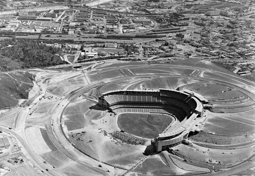 Dodger Stadium under construction in Chavez Ravine, 1962.