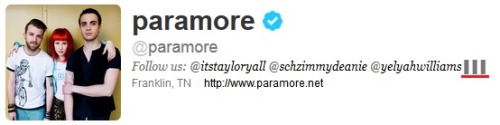 likesparamore-blog:  Paramore’s new bio. They added ▌▌▌to their bio. 