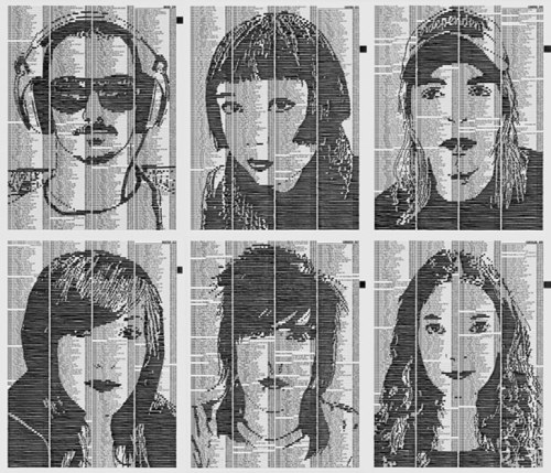 Next (2007) Portraits drawn on phone book pages. Portraits by Carlos Zuniga