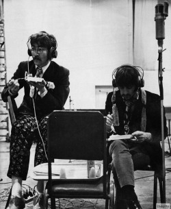 thegilly:  John and Ringo enjoying takeaway food during the recording of ‘With a Little Help from My Friends’ at EMI Studios on 30 March 1967. They had done the cover shoot for Sgt Pepper earlier on the same day. Photo by Frank Hermann. 