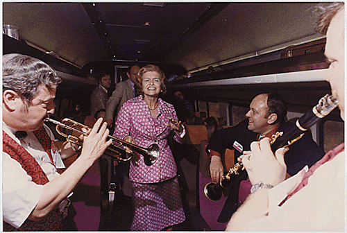 Meanwhile, somewhere in Michigan…
First Lady Betty Ford dancing aboard President Gerald Ford’s Whistlestop Campaign Train Trip. 05/15/197.
White House Trivia: Did you know that Betty Ford was a Martha Graham dancer in her youth?