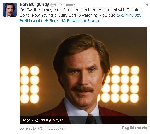 Ron Burgundy’s back tonight! As the San Diahhgo newsman revealed on Twitter, a minute-long teaser for Anchorman 2 is playing before midnight screenings of The Dictator. When we asked Adam McKay for details, the director stayed mostly tight-lipped –...