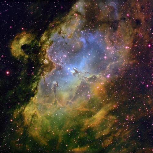      Close-ups of the Eagle Nebula’s Spire, which is 9.5 light years tall, and the Pillars of 