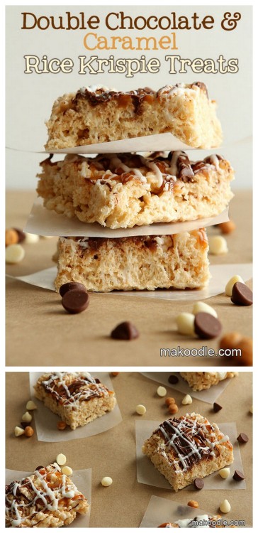DIY Rice Krispie Treats Drizzled with Caramel, Milk chocolate and White chocolate Recipe. This is so