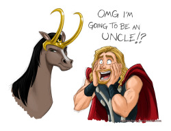 thesassylorax:   briannacherrygarcia:  Thor hears the good news. Guys what am I doing, I don’t even know anymore. o_o  And then your dad is gonna ride your nephew around! :D 