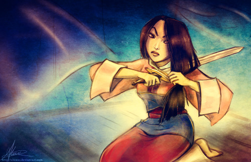 graciieee11:  Mulan’s decision by ^alicexz My favourite Disney moment is when Mulan cut off all her hair to take her father’s place in the army. 