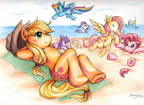 werd10101:  Applejack and Friends on the Beach by *QiisNii 