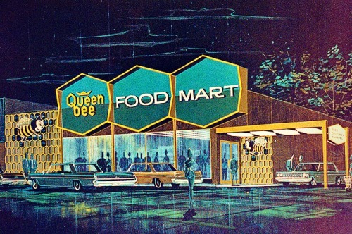 Queen Bee Food Martc.1960-65 store front concept illustrations