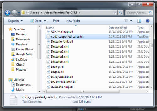 How to enable Windows Premiere Pro CS5.5 Mercury Playback Engine on Unsupported CUDA-enabled NVidia GPU Go to your Premiere Pro install folder. Usually at C:\Program Files\Adobe\Adobe Premiere Pro CS5.5 Find and edit cuda_supported_cards.txt Add your