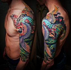 fuckyeahtattoos:  This is my first tat, a phoenix by Natan at Witch City Ink in Salem MA, We still have the inside of the sleeve to finish and im also considering extending it to a full sleeve. I am really happy with the piece, Natan absoulty nailed exact