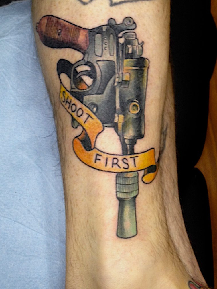 “shoot first” by Blake Brand, Polished Tattooing, San Jose CA.
This one came to me when I saw a great picture of Han Solo’s gun - I’m a long time fan of the original Star Wars, and I absolutely LOVE Star Wars tattoos.