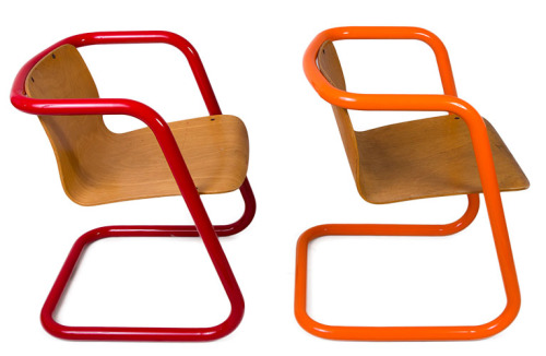 1971. Made for the Haworth Kinetics Collection. Tubular steel frame, bent plywood seat and sled base