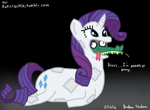 askcrackle:  judhudson:  Figured if Rarity could make a Crackle costume, why can’t Crackle make a Rarity costume?  Its his way of sneaking into Ponyville undetected.  This pretty much proves that Crackle = best pony. I’ve dedicated this to one of