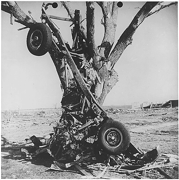 The 1955 Great Plains Tornado Outbreak
On May 25-26, 1955 seven states were hit by at least 46 tornadoes. Two F5 tornadoes touched down in Blackwell, Oklahoma and Udall, Kansas.
“ Left: Tornado damage. Blackwell, Oklahoma, 05/25/1955
Right: Car...