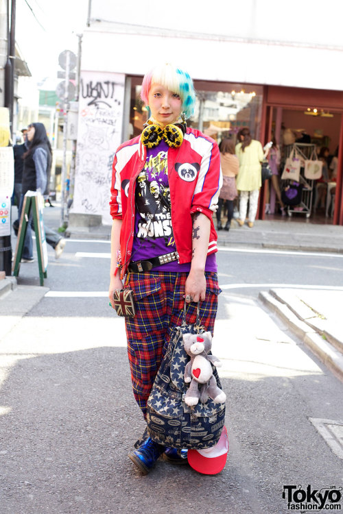 Nico in Harajuku w/ rainbow hair, Candy Stripper panda jacket, Hysteric Glamour backpack &amp; c