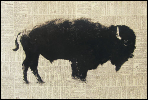 Great Plains Bison. Ink and paper on wood panel. 15" x 23"