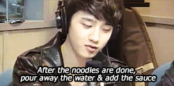 ngah:naraolla:Cooking Master Kyungsoo’s Kimchi Spaghetti RecipeThe way he says cheese, the cutie