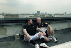 Housebearsofatlanta:  2Bigblokes:  Sweaty Scrummage On The Roof.  Have Fun Anywhere