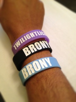 broniesunited:  Show off your wristband! Send in a picture of yourself (or your arm like I did) with your wristbands so other Bronies can see! Brohoof!   Just got mine in today =D Who&rsquo;s Twilightlicious like us? (Taken with my crappy phone camera)