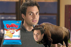 maxthecreator:  Mark Ruffalo looking at a bag of Ruffles with his pet buffalo, Mark Buffalo.  