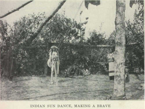 The dancers performed sun dance around a large center pole, the tallest tree a chosen scout could fi