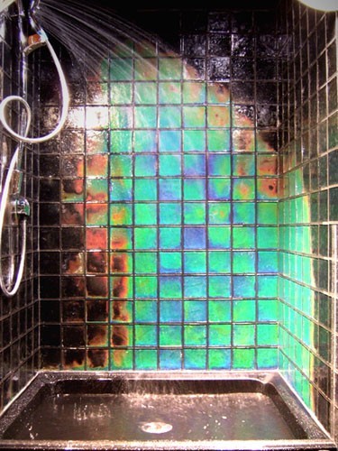    Shower head that turns water rainbow colors                           + Bath tiles that change color according to heat                            = Don’t take a shower if you’re on any kind of hallucinatory drugs 