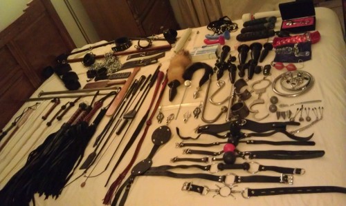 For the gentleman who asked to see my toy collection. This picture doesn’t include: lingerie, masks, ropes, chains, leather cuffs, locks, wooden and metal sex/bondage furniture, and suspension equipment. Also, it doesn’t include the bag of