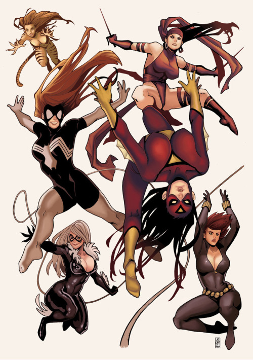 comicsforever:  Marvel Girls // artwork by Elizabeth Torque (2011) Featuring (top to bottom): Tigra, Elektra, Spider-Woman I & II, Black Cat and Black Widow.  