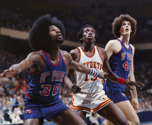 Straight retro. DePaul, bring these outfits back! With longer shorts.
stormingthefloor:
“ Thanks, @timring3tv! This is, in fact, an afrotastic photo.
“DePaul’s Curtis Watkins and Dave Corzine in the 1975 NCAA Tournament. Afro-tastic!!!”
Also...