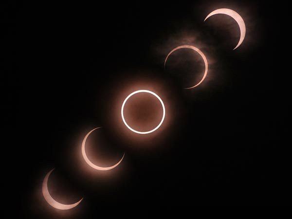 :
“ A combination of pictures shows the stages of Monday’s annular solar eclipse, as seen from Tokyo. During the eclipse, the moon’s shadow crossed over Japan around 7:35 a.m. Monday, local time.
For an annular eclipse, “the path of annularity, where...