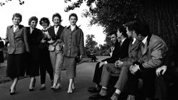 heyfool:  Teddy Girls are admired by a group of Teddy Boys at Clapham Common, London in 1954