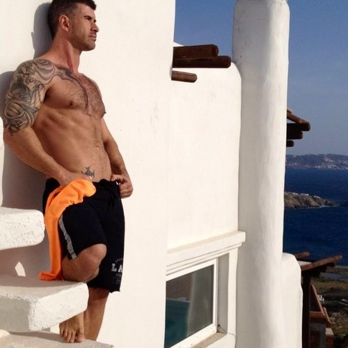 boner-riffic:  @KillianAdam &amp; his furry pecs soaking up the sun in Mykonos