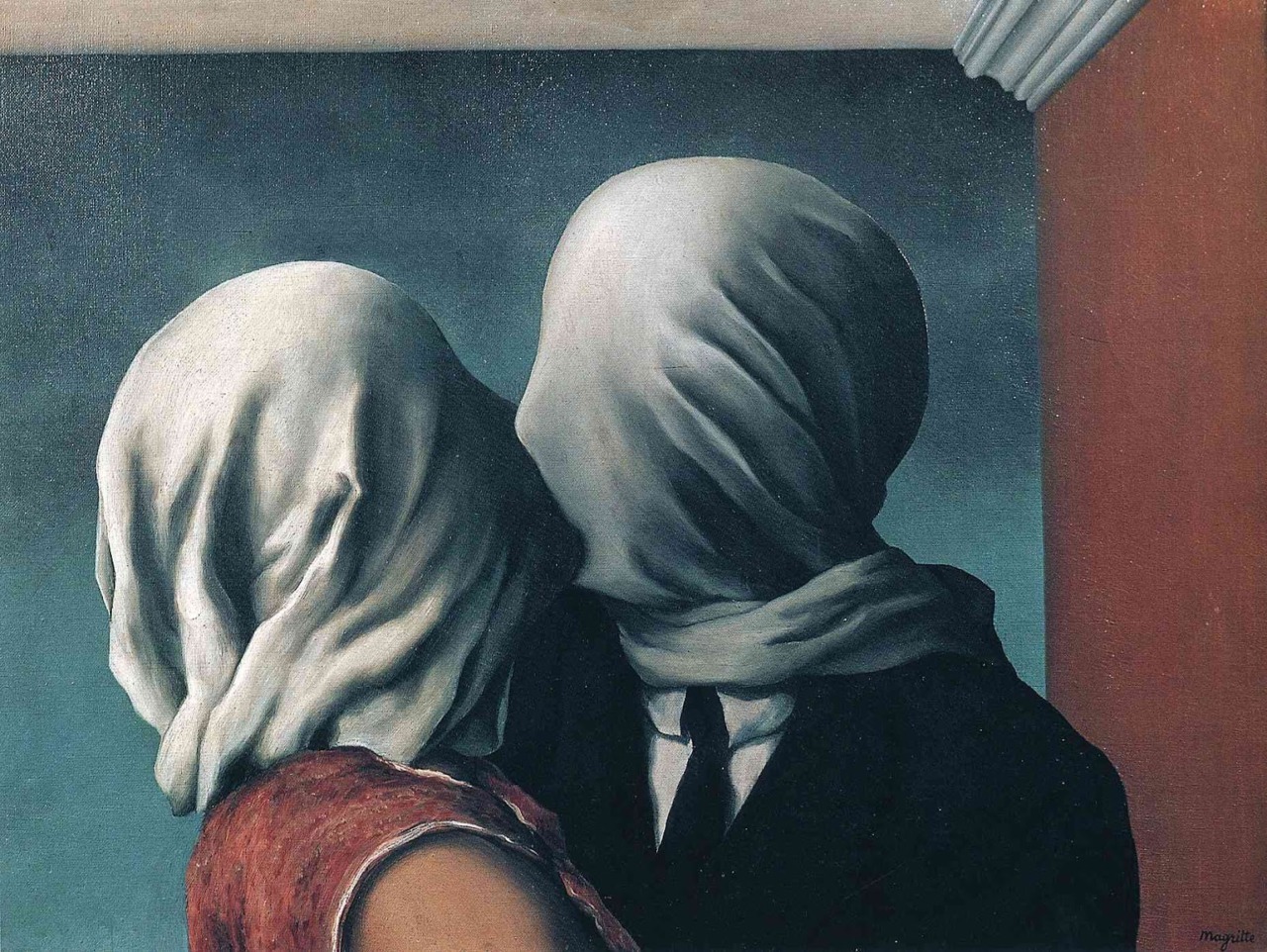 The Lovers
Rene Magritte, 1928
“ Magritte’s mother was a suicidal woman, which led her husband, Magritte’s father, to lock her up in her room. One day, she escaped, and was found down a nearby river dead, having drowned herself. According to legend,...