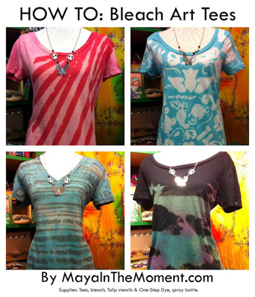 DIY Four Bleached Tee Shirt Tutorials Using stencils, tape, and squirt bottles (they are using Tulip