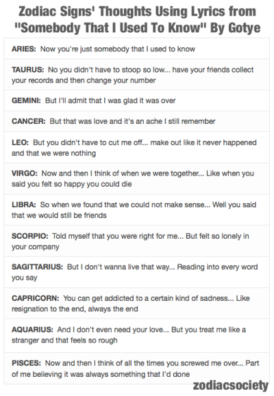 zodiacsociety:
“ Zodiac Signs’ Thoughts Using Lyrics From “Somebody That I Used To Know” By Gotye
”