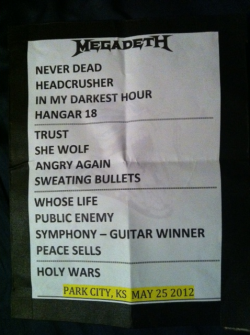 My megadeth setlist from last night in wichita