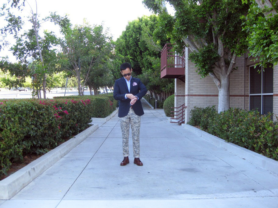 wisith:  Jacket: Thick as Thieves.  Chinos:  Epaulet.  Shirt:  MTM.  Sunglasses: 