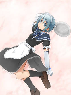 sieben002:  1girl alternate costume apron blue eyes blue hair elbow gloves gloves kagiana loafers mahou shoujo madoka magica maid headdress miki sayaka shoes short hair smile solo tray waist apron waitress | Sankaku Channel