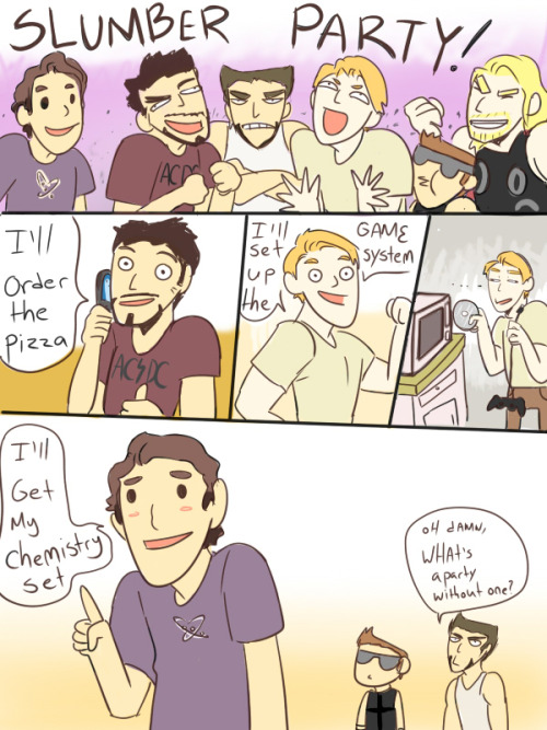 godtricksterloki:  obsessionisawonderfulthing:  littlehawkeye:  onac911:  Wolverine is invited to da Avengerz Slumber party  Hawkeye baby  Spidey no  This is all sorts of perfect.  DAFUQ?!