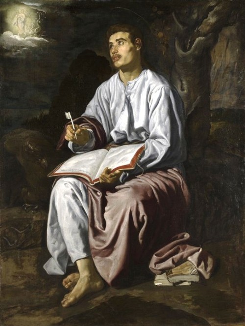 spanishbaroqueart:  Diego Velázquez Saint John the Evangelist on the Island of Patmos c. 1618 · National Gallery, London · From Two Paintings for the Shod Carmelites, Seville  Saint John the Evangelist is shown writing the Book of Revelation, the