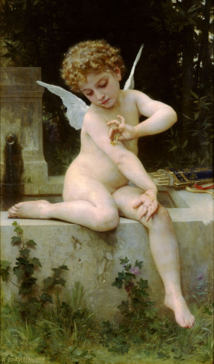 Cupid with a Butterfly - (1888)       Cupid sits to rest on the edge of a f