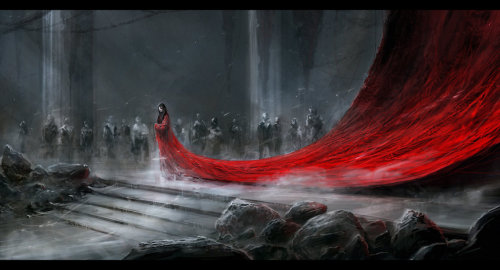 chris-cold:The high queen dressed in official red. And her silent statues. Waiting for a guest.