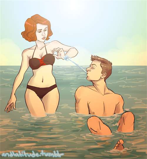 andlatitude:  Second in a series of summer-y (probably some kind of AU) Avengers drawings.   Eeee I love Natasha’s bathing suit!