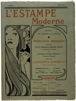 artemisdreaming:  Cover of L’Estampe Moderne, first folio, May 1897 Alphonse Mucha              L’Estampe Moderne appeared in 1897-99 as a series of 24 monthly fascicles, each of 4 original lithographs, priced at 3 francs 50 centimes