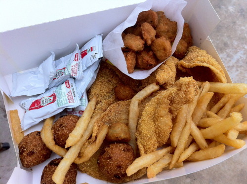 ashfousefood:  Chicken Express fried catfish, fries and fried okra 