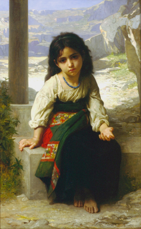 The little beggar - (1880) A young child sits on a stone block; her hand outstretched begging for mo